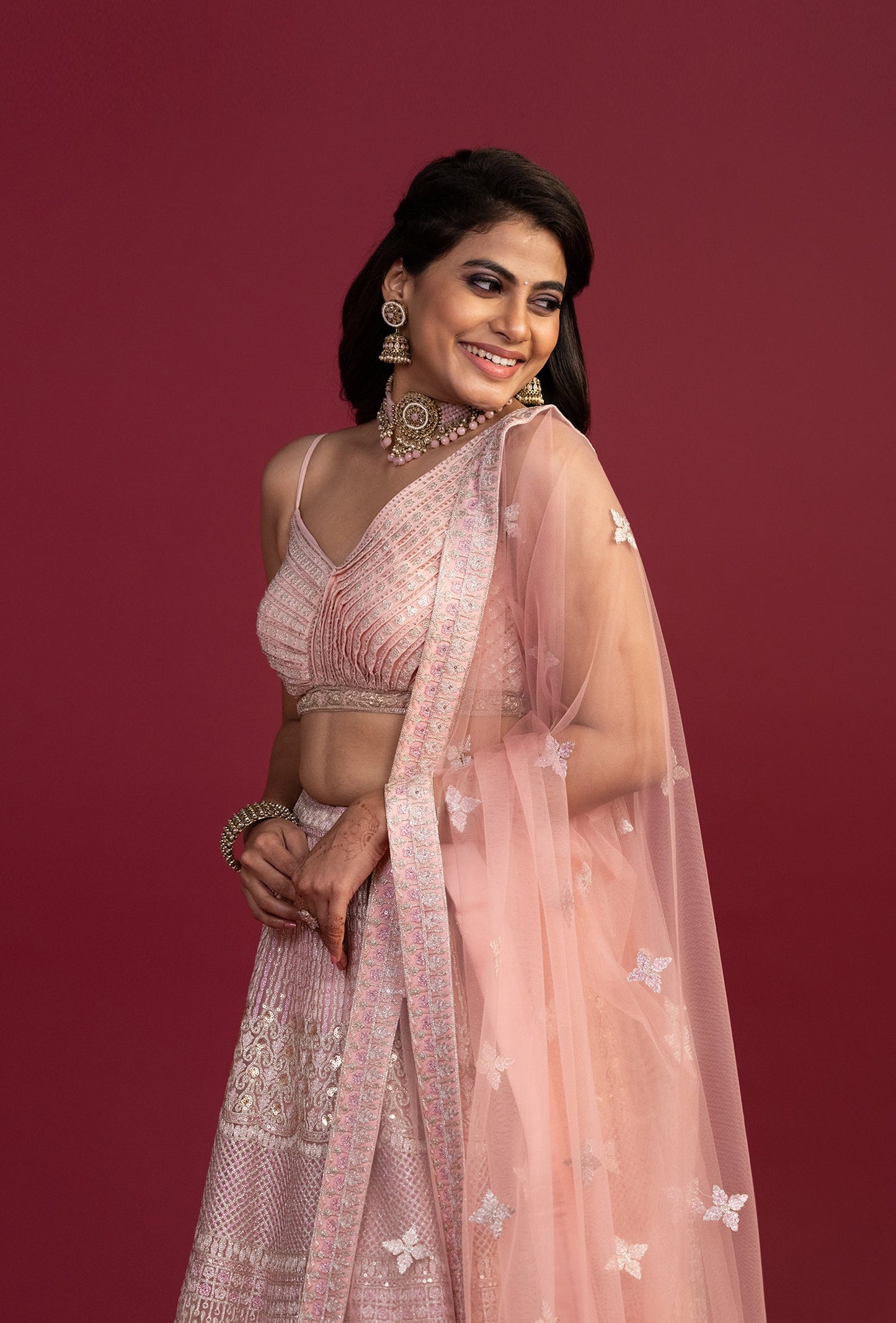 Daphne Pink Net Dupatta With Zardozi And Resham Work Lehenga Set