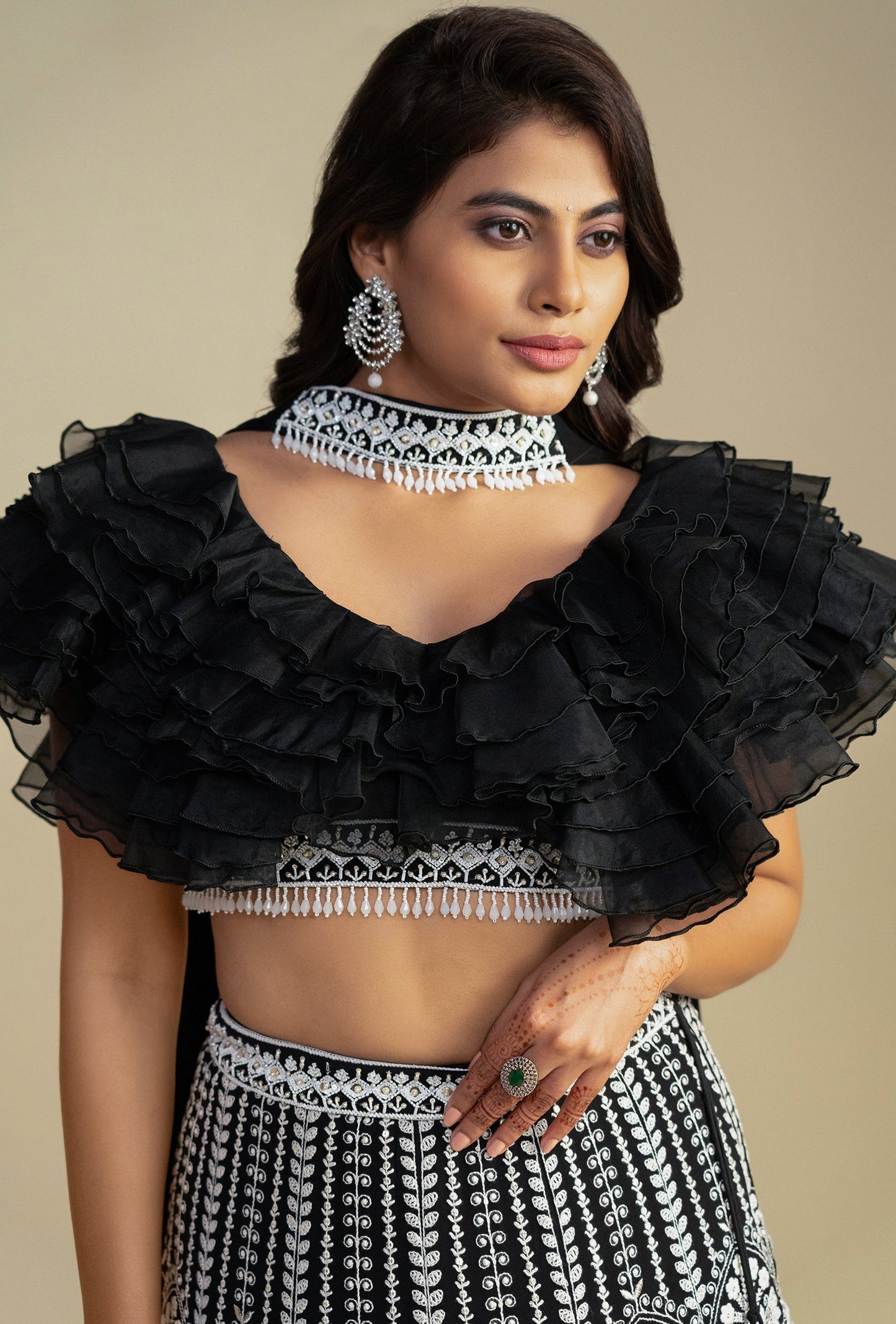 Regalia Black Ruffled Blouse with Lucknowi Handwork Lehenga & Choker Dupatta