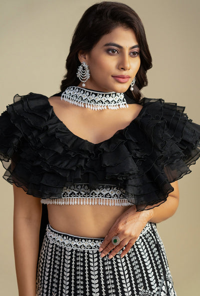 Regalia Black Ruffled Blouse with Lucknowi Handwork Lehenga & Choker Dupatta