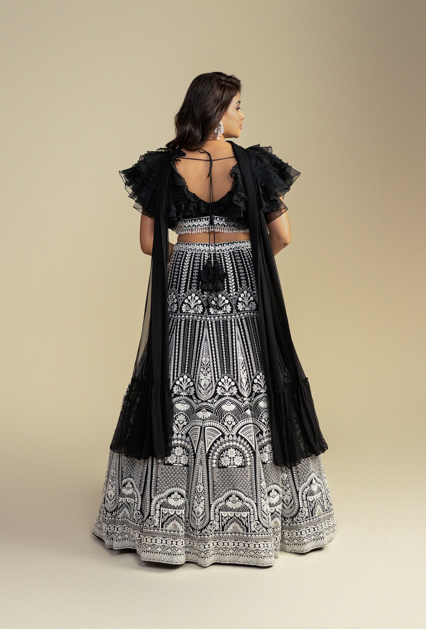 Regalia Black Ruffled Blouse with Lucknowi Handwork Lehenga & Choker Dupatta