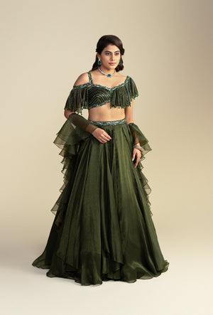 Pine Green Asymmetrical Cut with Ruffle Blouse Lehenga Set