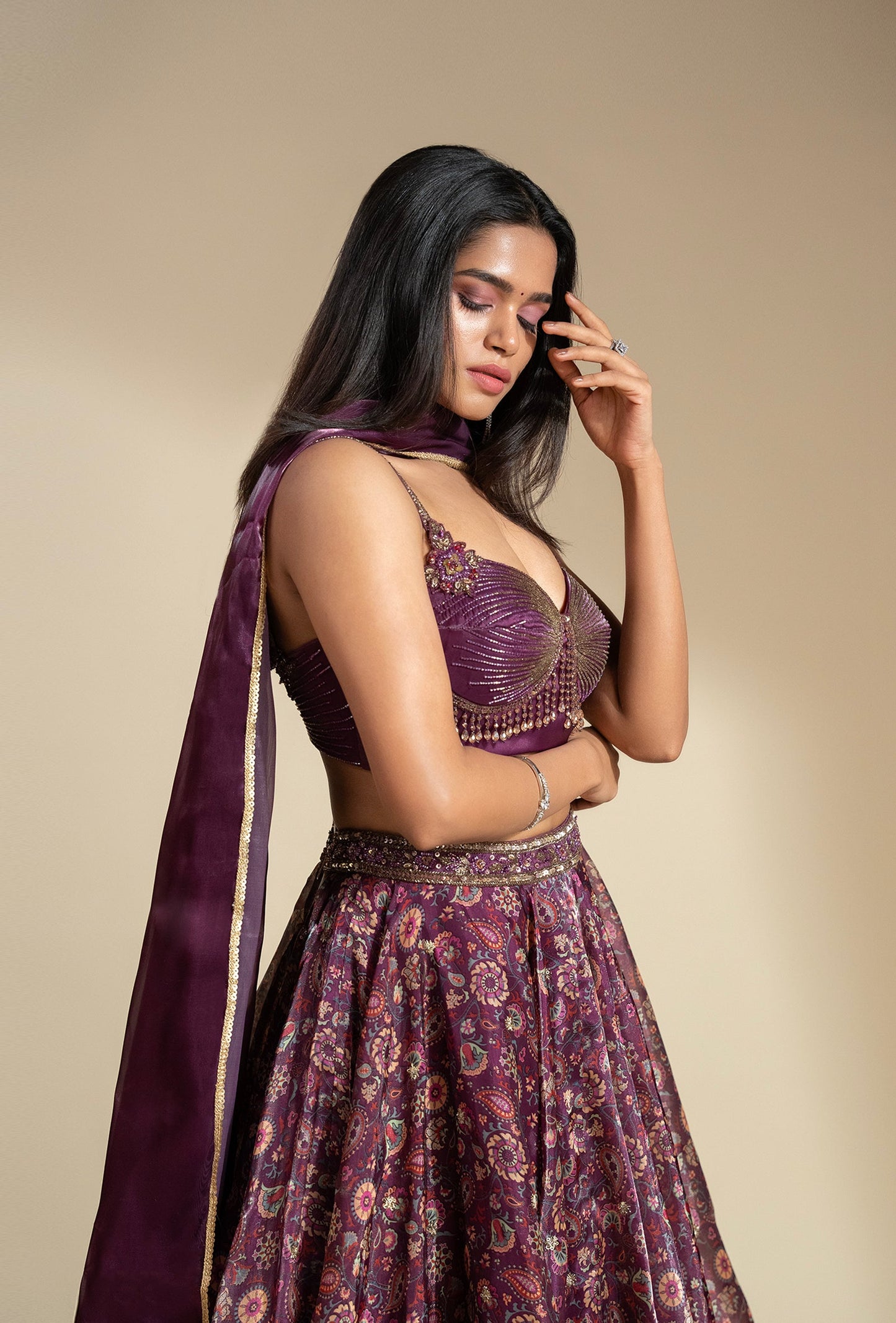 Elixir Wine Glass Organza With Crystal Tassled Blouse And Organza Lehenga
