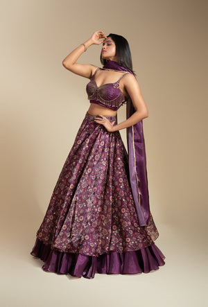 Elixir Wine Glass Organza With Crystal Tassled Blouse And Organza Lehenga