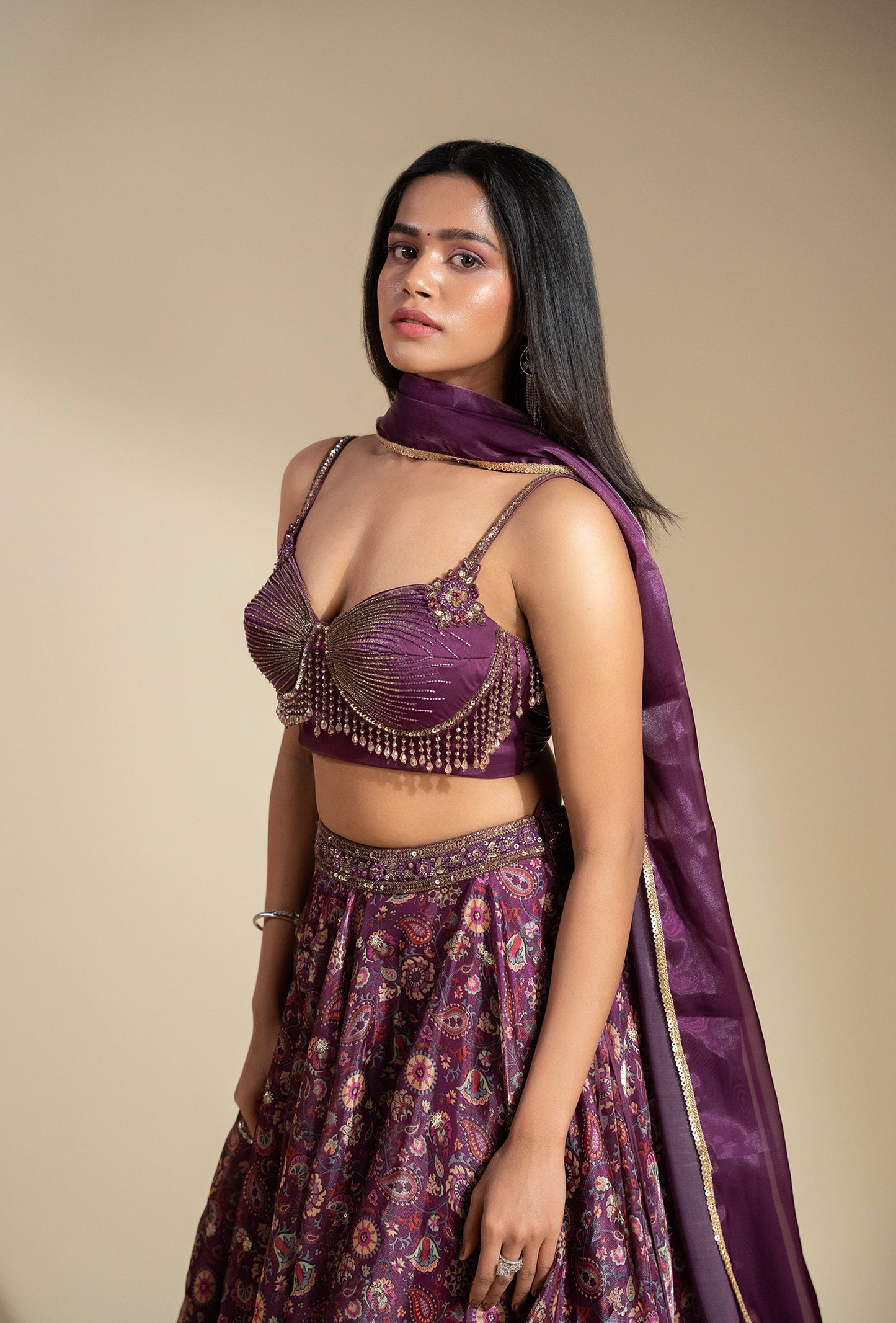 Elixir Wine Glass Organza With Crystal Tassled Blouse And Organza Lehenga