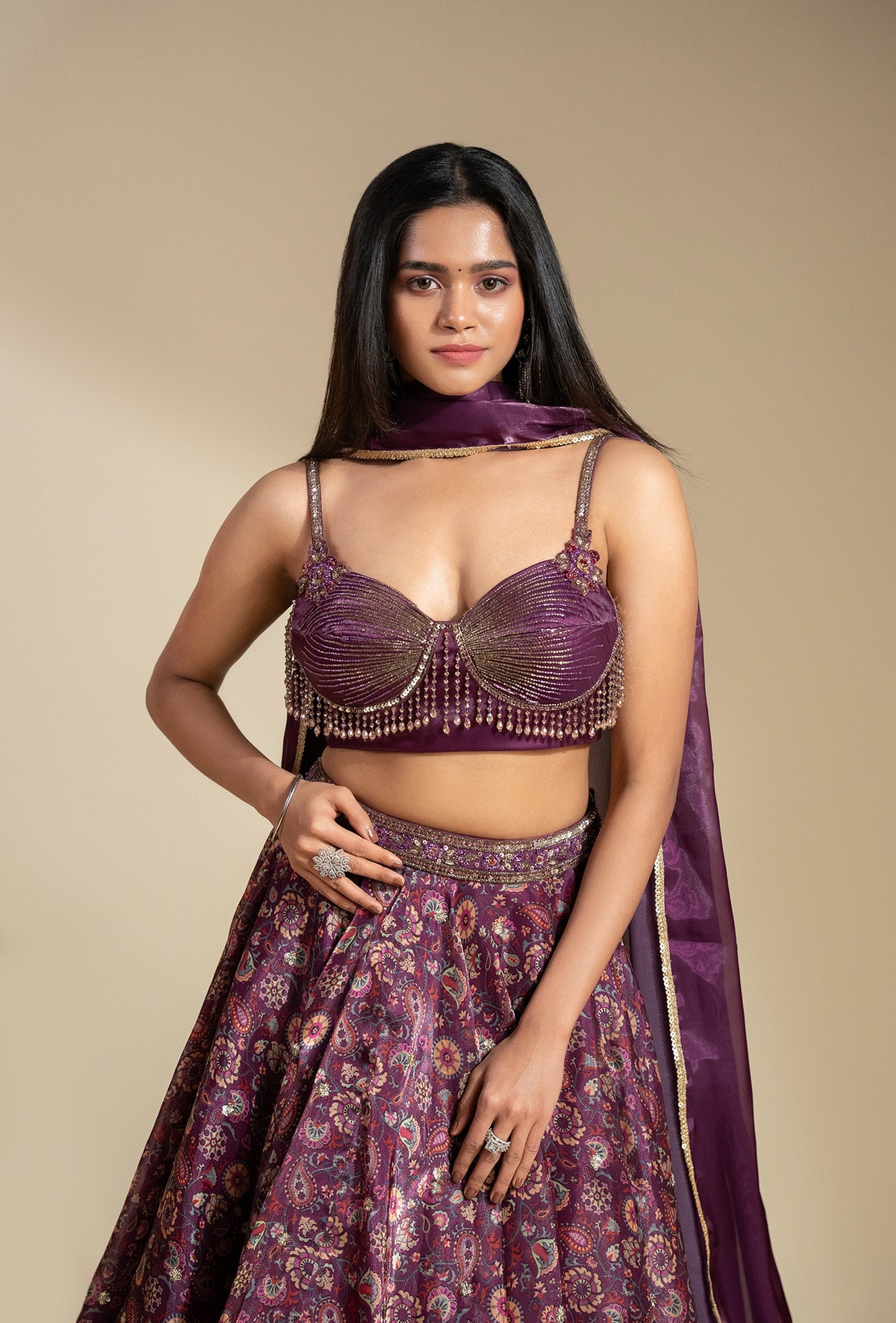 Elixir Wine Glass Organza With Crystal Tassled Blouse And Organza Lehenga