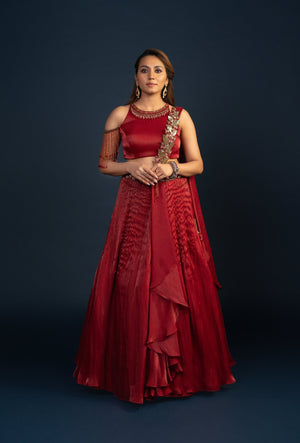 Cider Burnt Red Sequined Dupatta and Cut Dana Work Lehenga Set