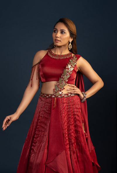 Cider Burnt Red Sequined Dupatta and Cut Dana Work Lehenga Set