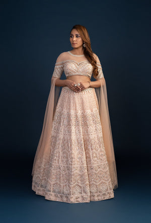 Elysian Peach Two Piece Lehenga Set with Resham Work Cape