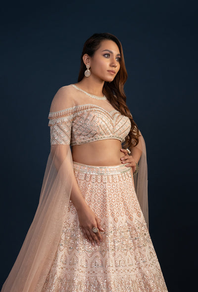 Elysian Peach Two Piece Lehenga Set with Resham Work Cape