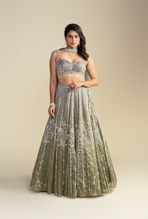 Aurum Light Metallic Green Glass Organza Lehenga Set