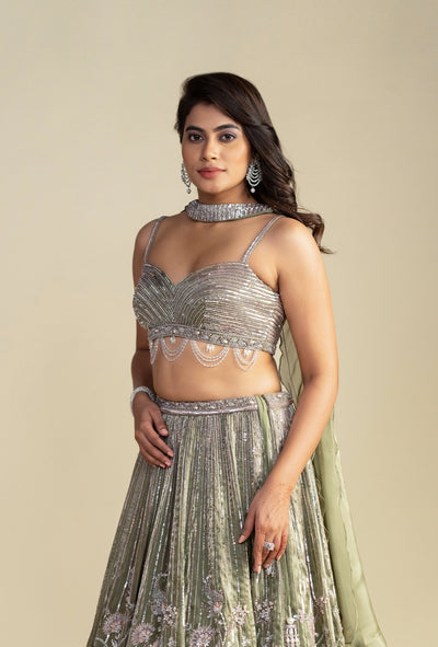 Aurum Light Metallic Green Glass Organza Lehenga Set