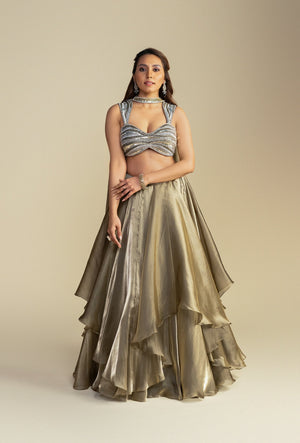 Aura Golden Glass Tissue Organza Thin Dupatta Embroidered Set