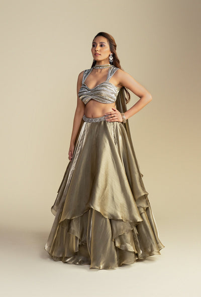 Aura Golden Glass Tissue Organza Thin Dupatta Embroidered Set