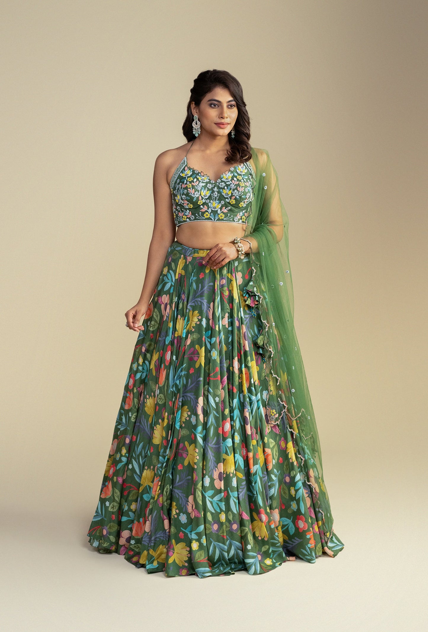 Amber Green Digitally Printed Sweetheart Neck Lehenga Set