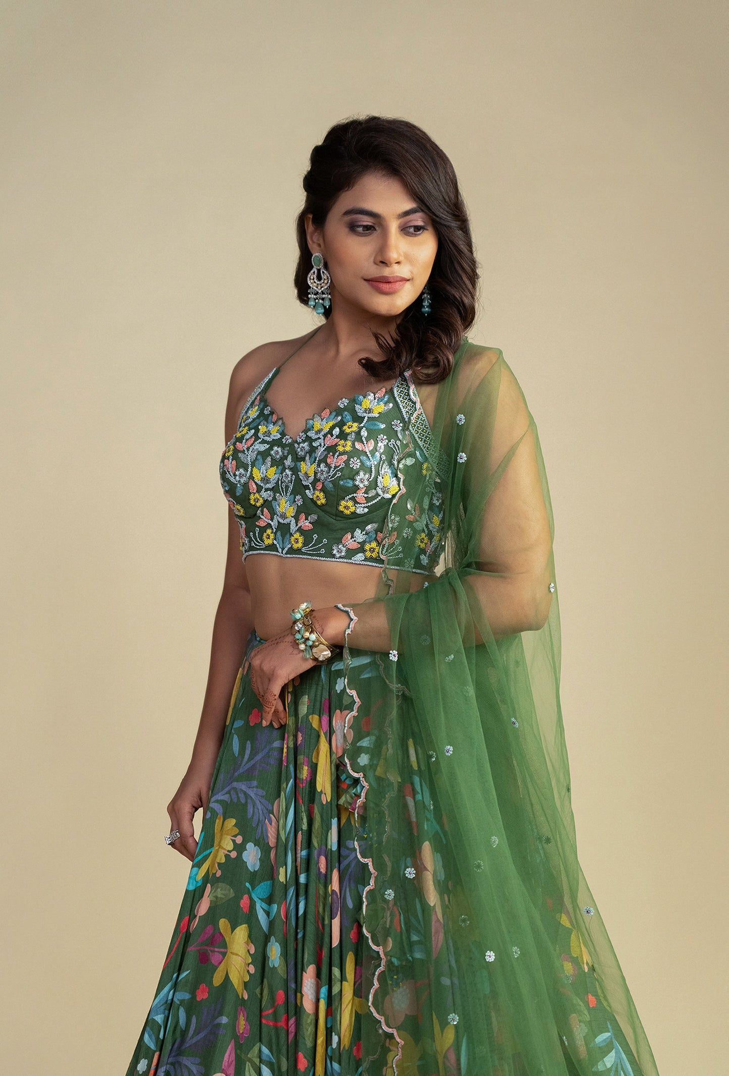 Amber Green Digitally Printed Sweetheart Neck Lehenga Set