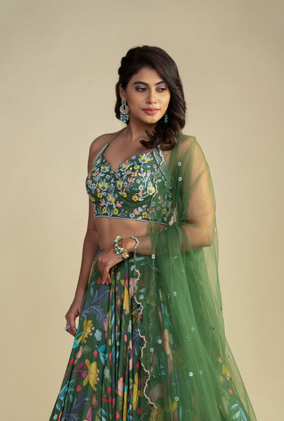 Amber Green Digitally Printed Sweetheart Neck Lehenga Set