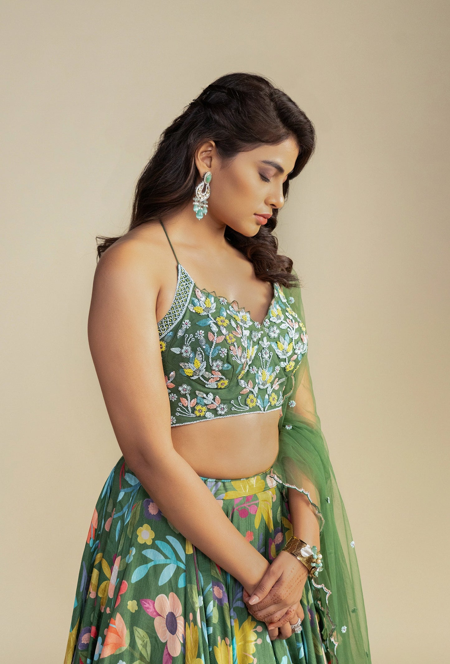 Amber Green Digitally Printed Sweetheart Neck Lehenga Set
