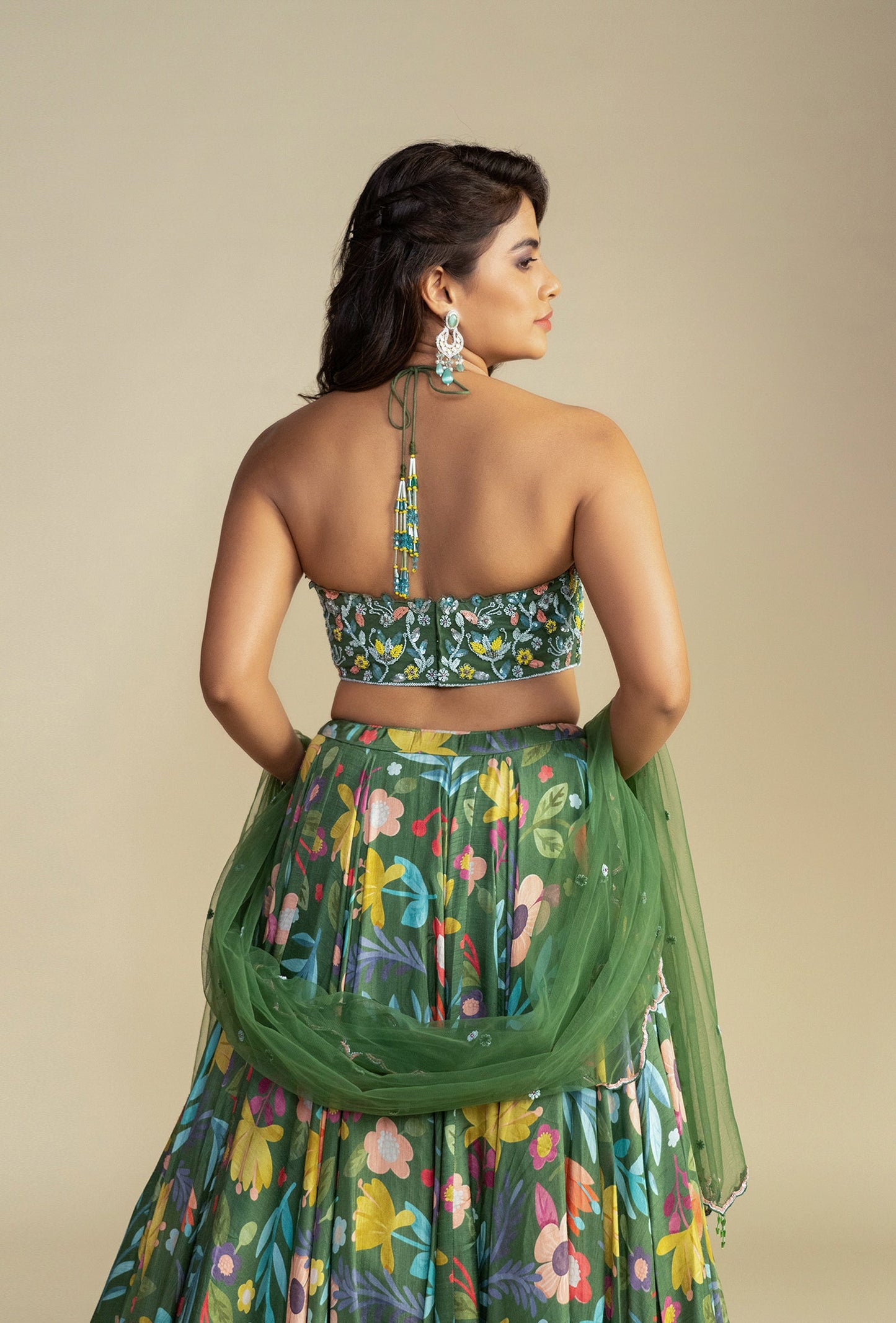 Amber Green Digitally Printed Sweetheart Neck Lehenga Set