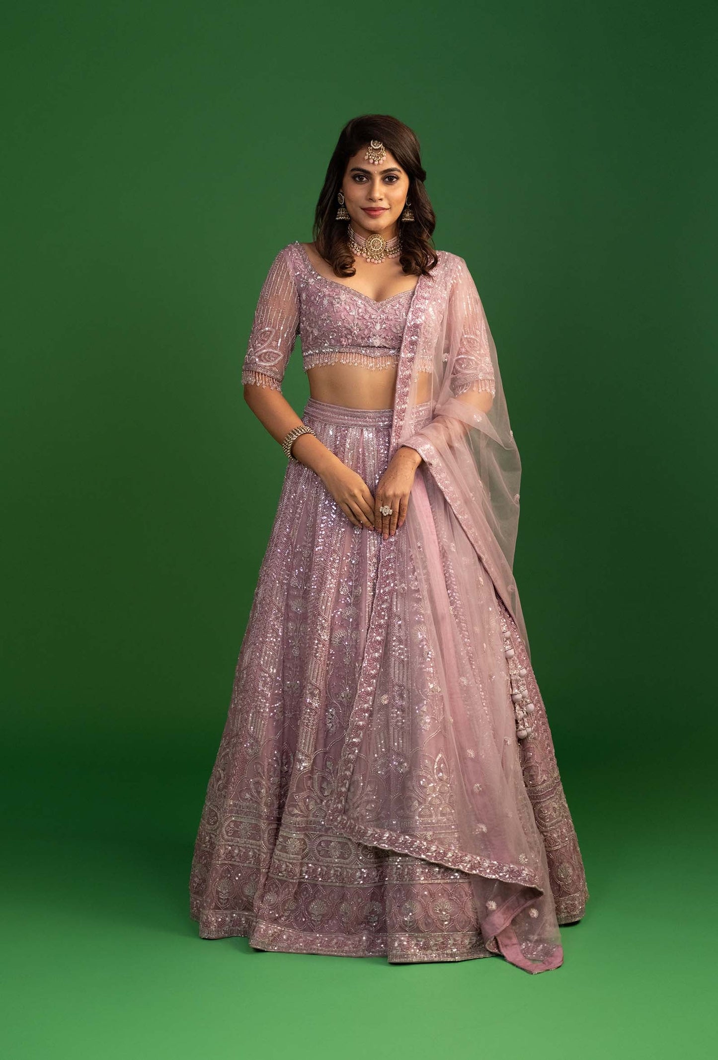 Sable Dusty Pink Net Embroidered Stone work Lehenga Set