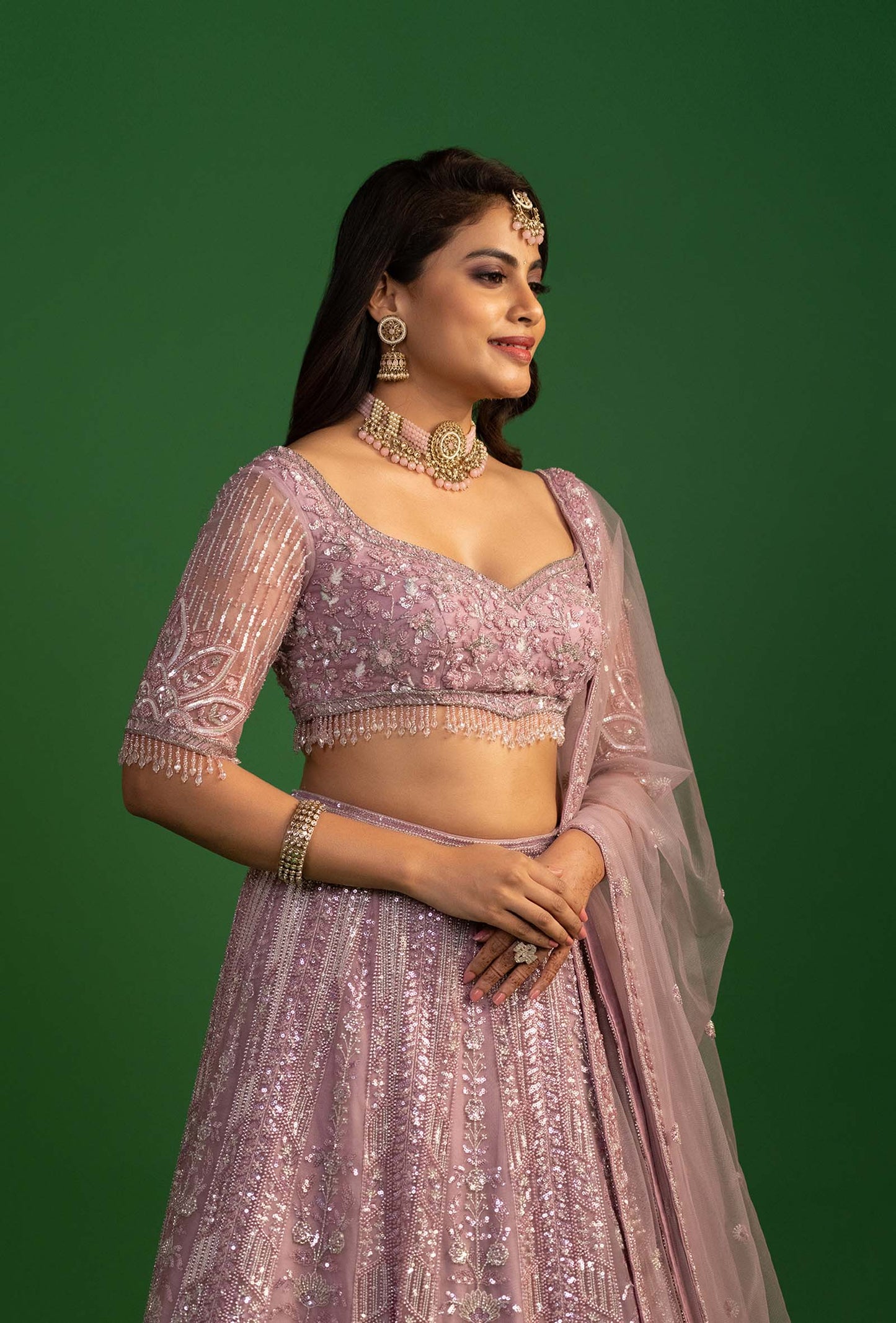 Sable Dusty Pink Net Embroidered Stone work Lehenga Set