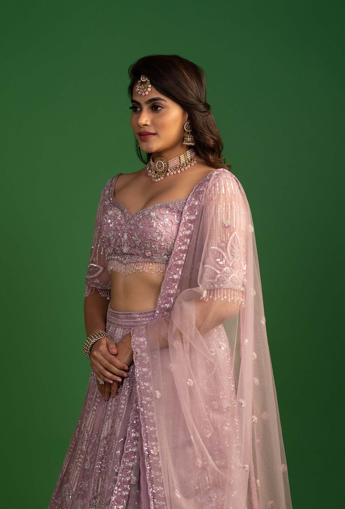 Sable Dusty Pink Net Embroidered Stone work Lehenga Set