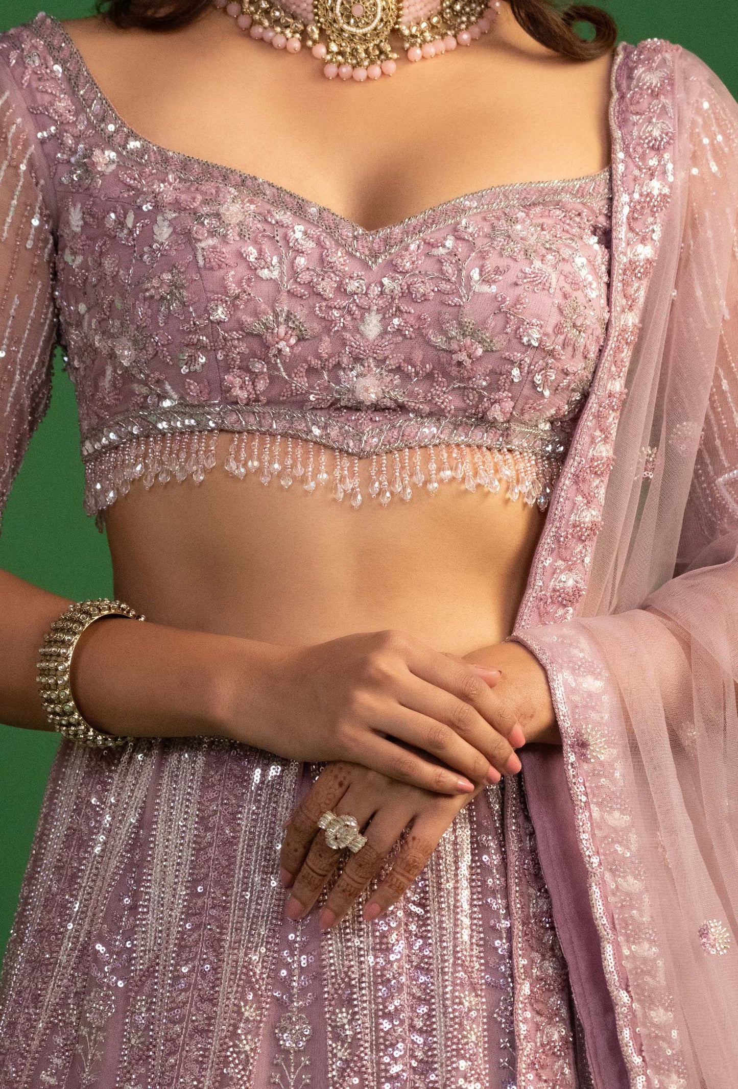 Sable Dusty Pink Net Embroidered Stone work Lehenga Set