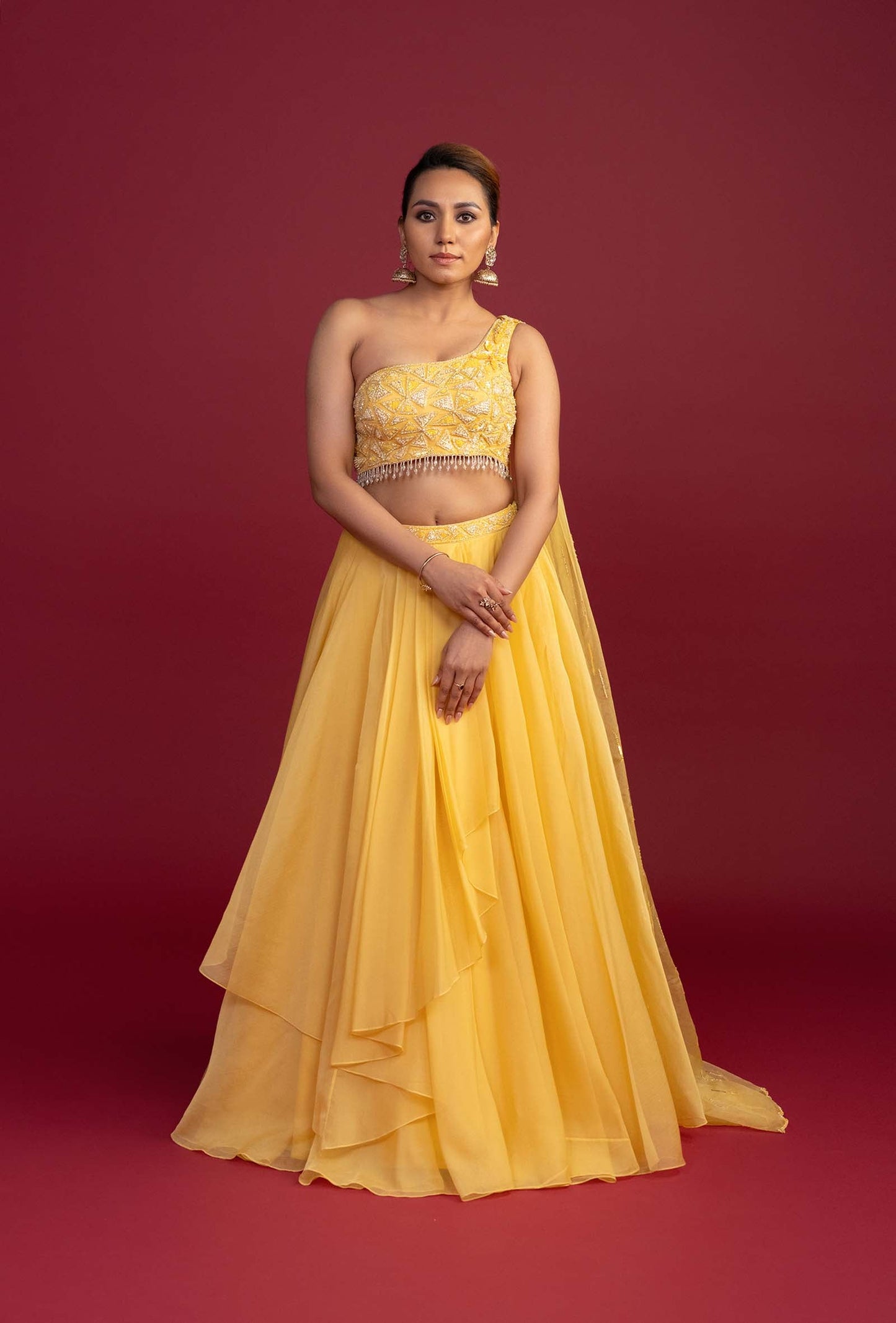 Mariah Yellow Lehenga Set with Moti Work Cape Shoulder Blouse