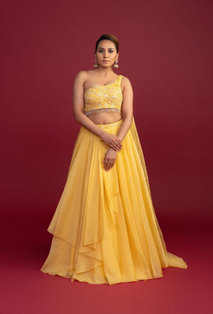 Mariah Yellow Lehenga Set with Moti Work Cape Shoulder Blouse