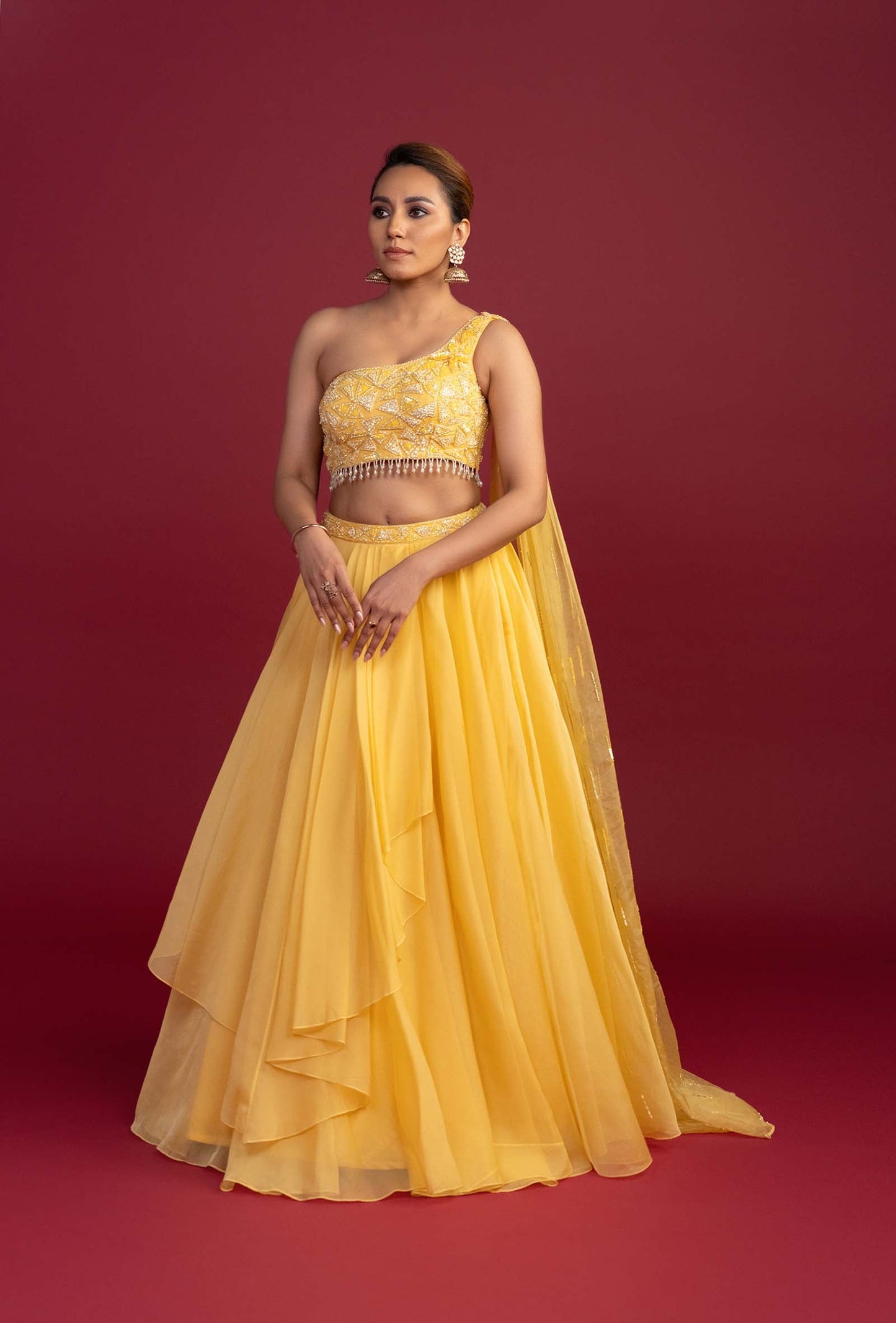 Mariah Yellow Lehenga Set with Moti Work Cape Shoulder Blouse