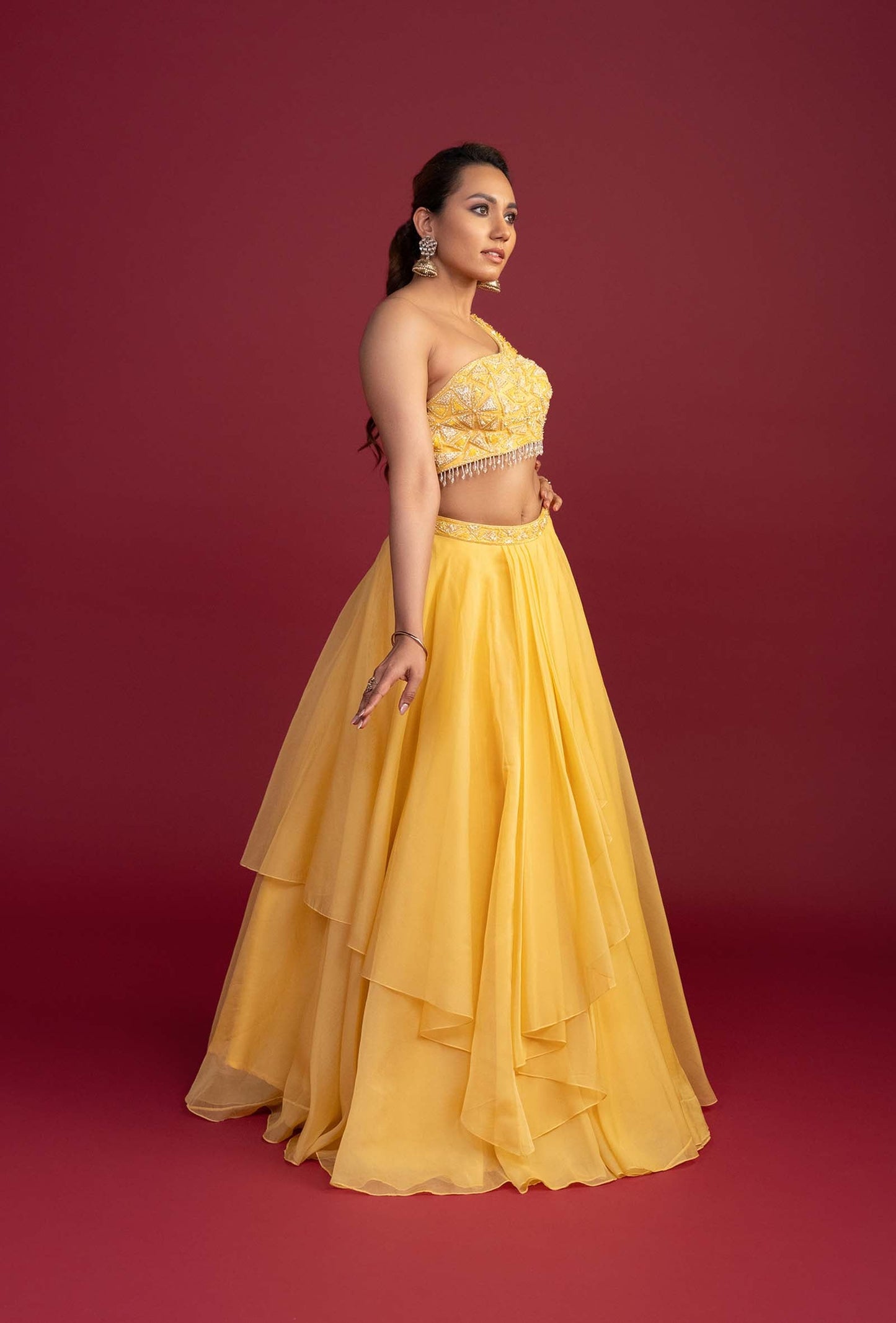 Mariah Yellow Lehenga Set with Moti Work Cape Shoulder Blouse