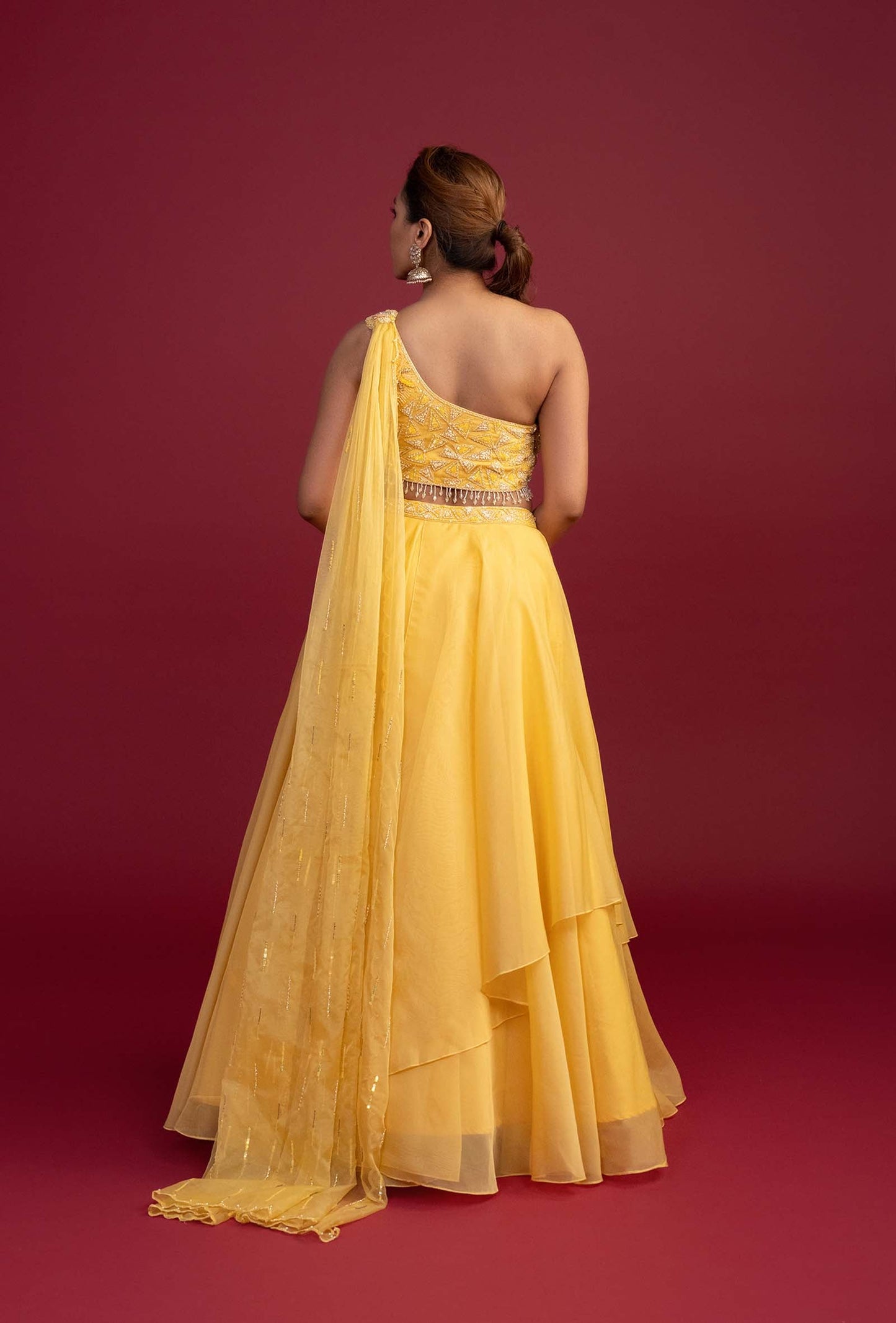 Mariah Yellow Lehenga Set with Moti Work Cape Shoulder Blouse