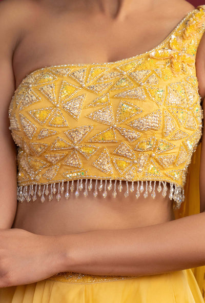 Mariah Yellow Lehenga Set with Moti Work Cape Shoulder Blouse