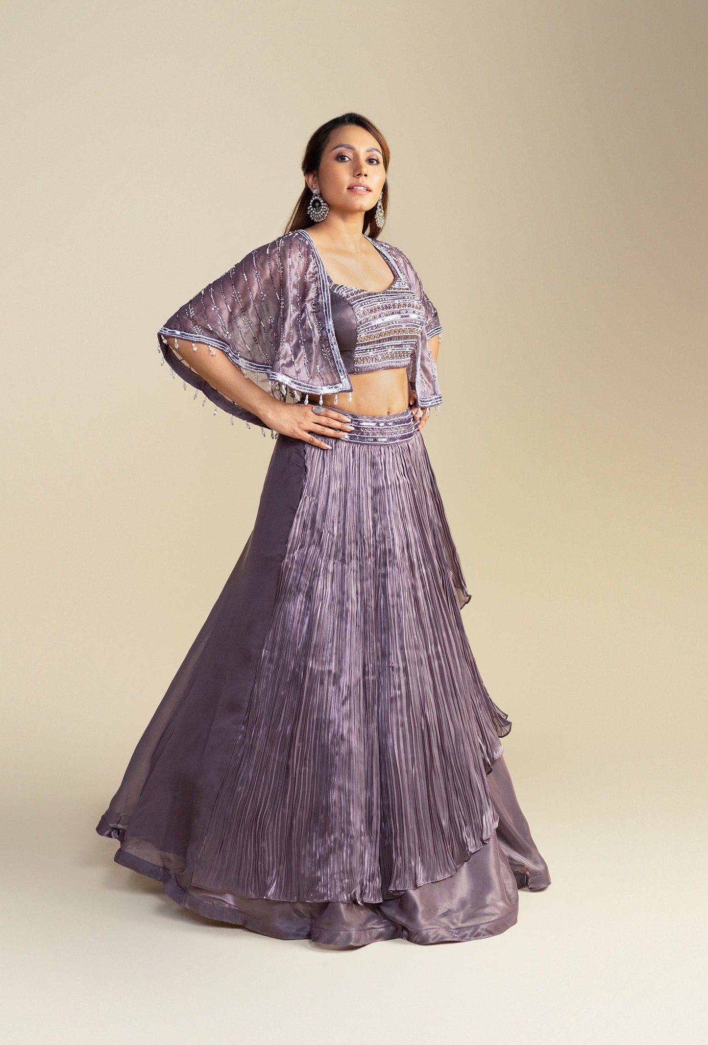 Rosette Dusty Pink Short Cape Jacket with Beaded Embroidery Lehenga