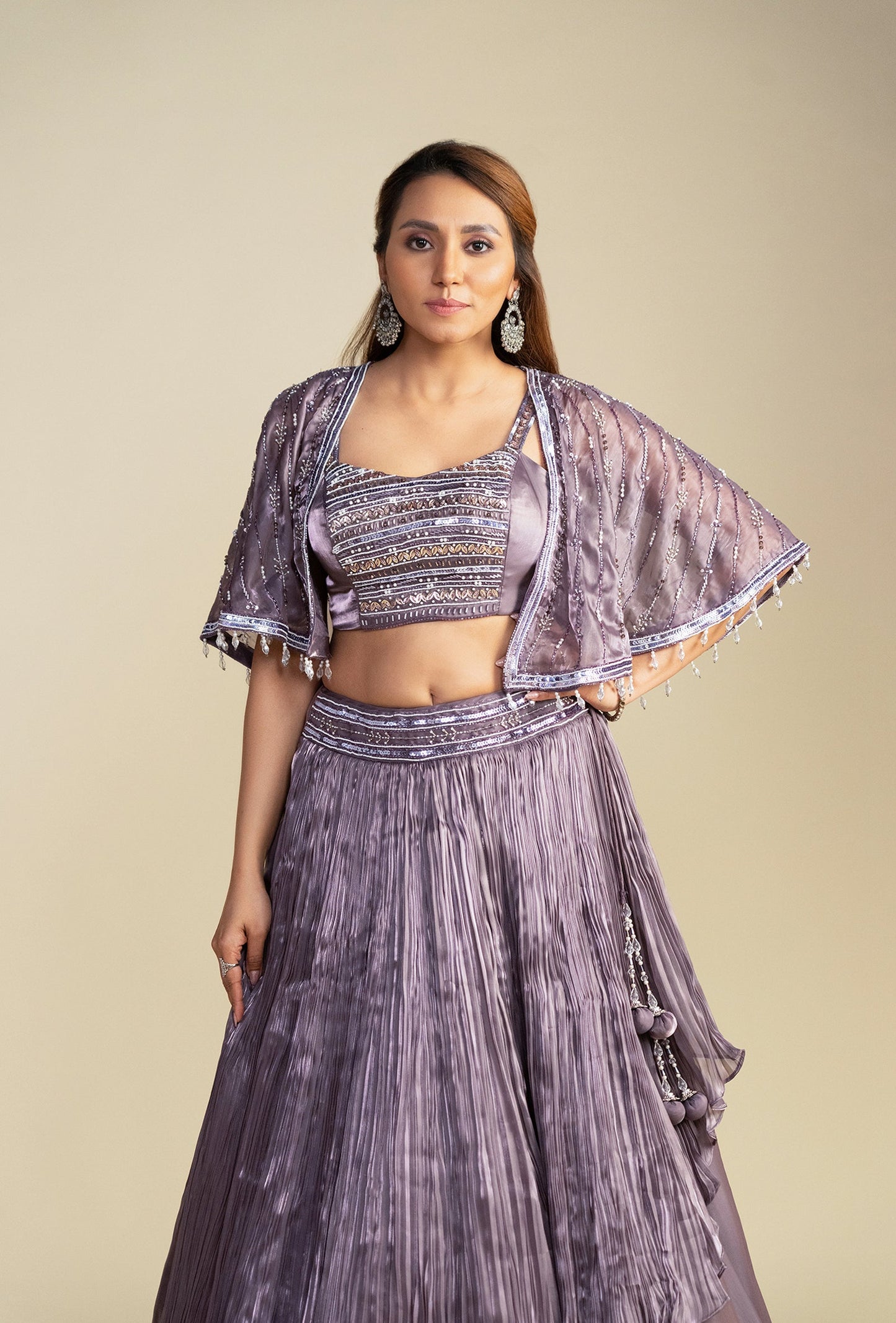 Rosette Dusty Pink Short Cape Jacket with Beaded Embroidery Lehenga