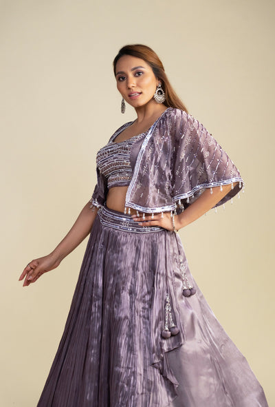 Rosette Dusty Pink Short Cape Jacket with Beaded Embroidery Lehenga