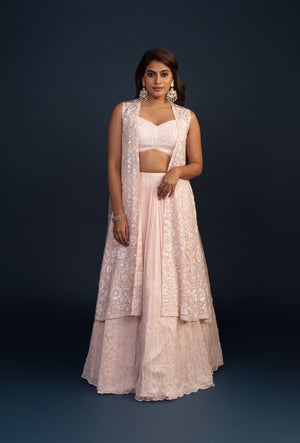 Pink Organza Lehenga with Sleeveless Design and Embroidery