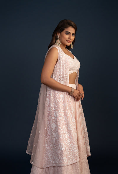 Pink Organza Lehenga with Sleeveless Design and Embroidery