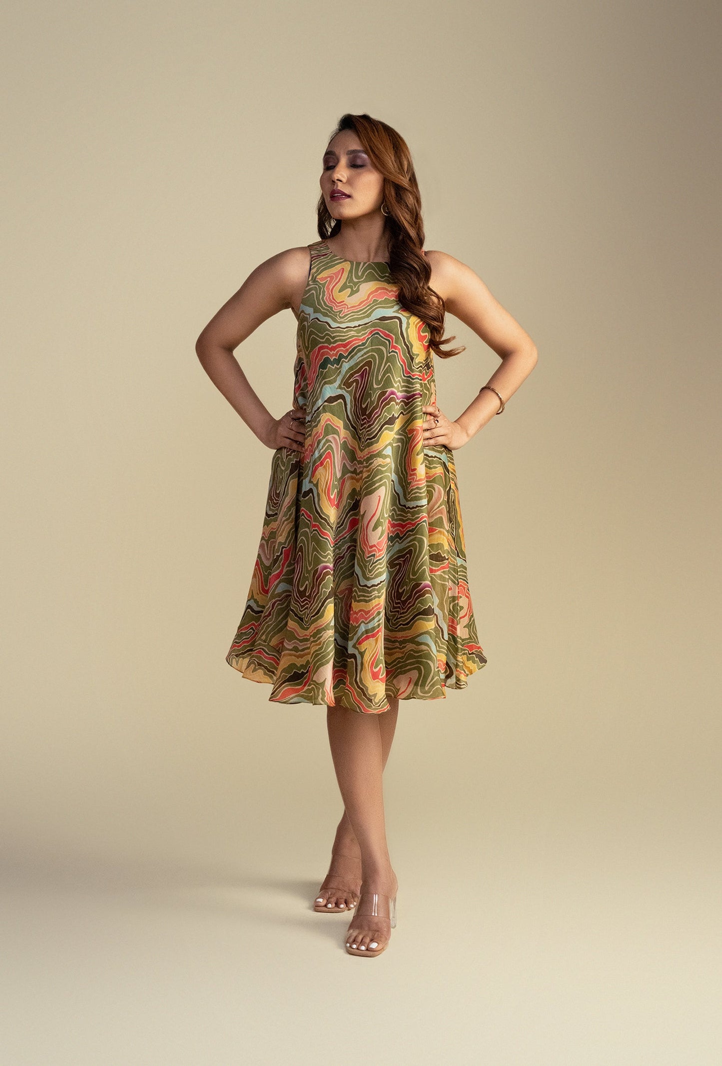 Green Multicolor A-Line Geometric Print Dress