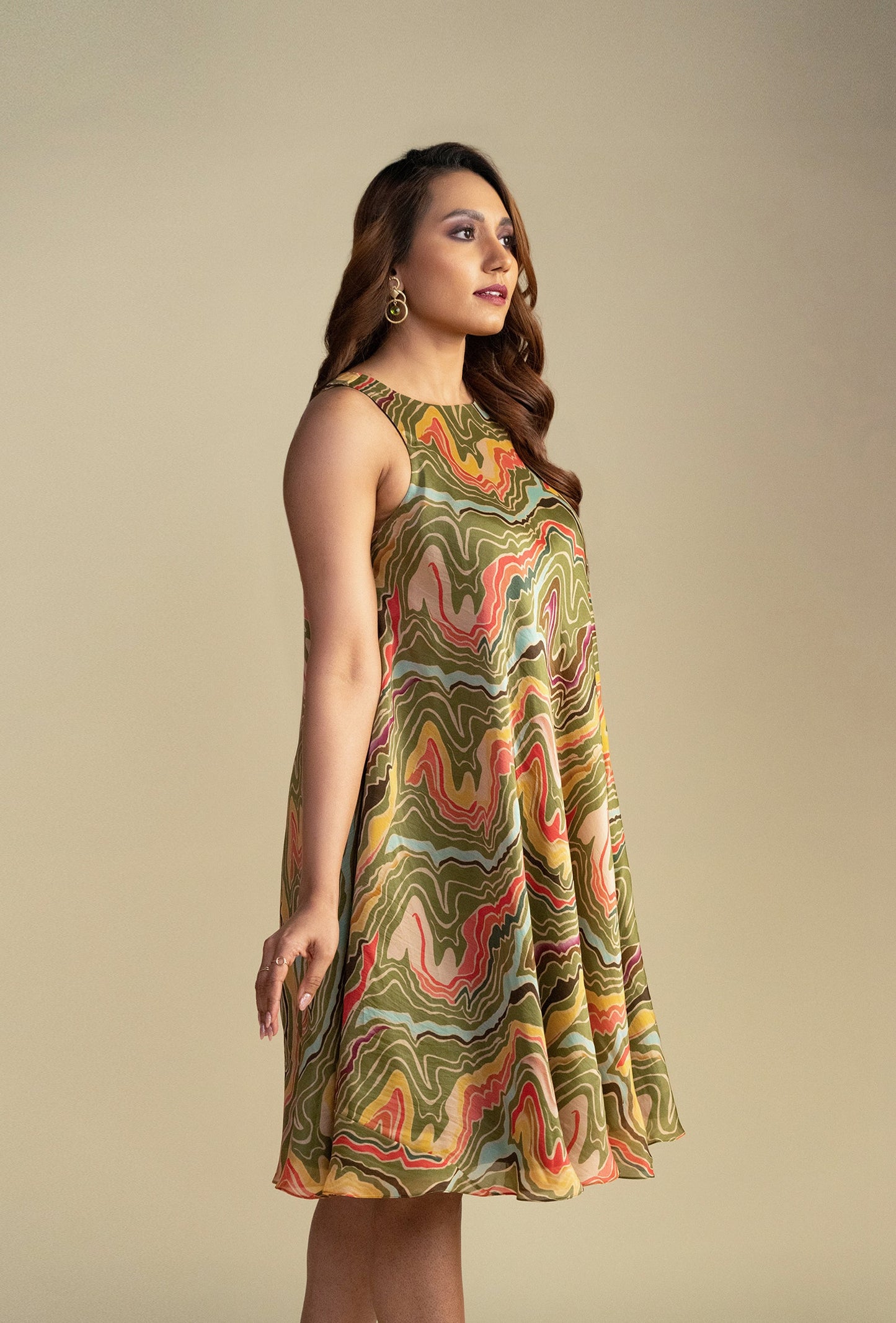 Green Multicolor A-Line Geometric Print Dress