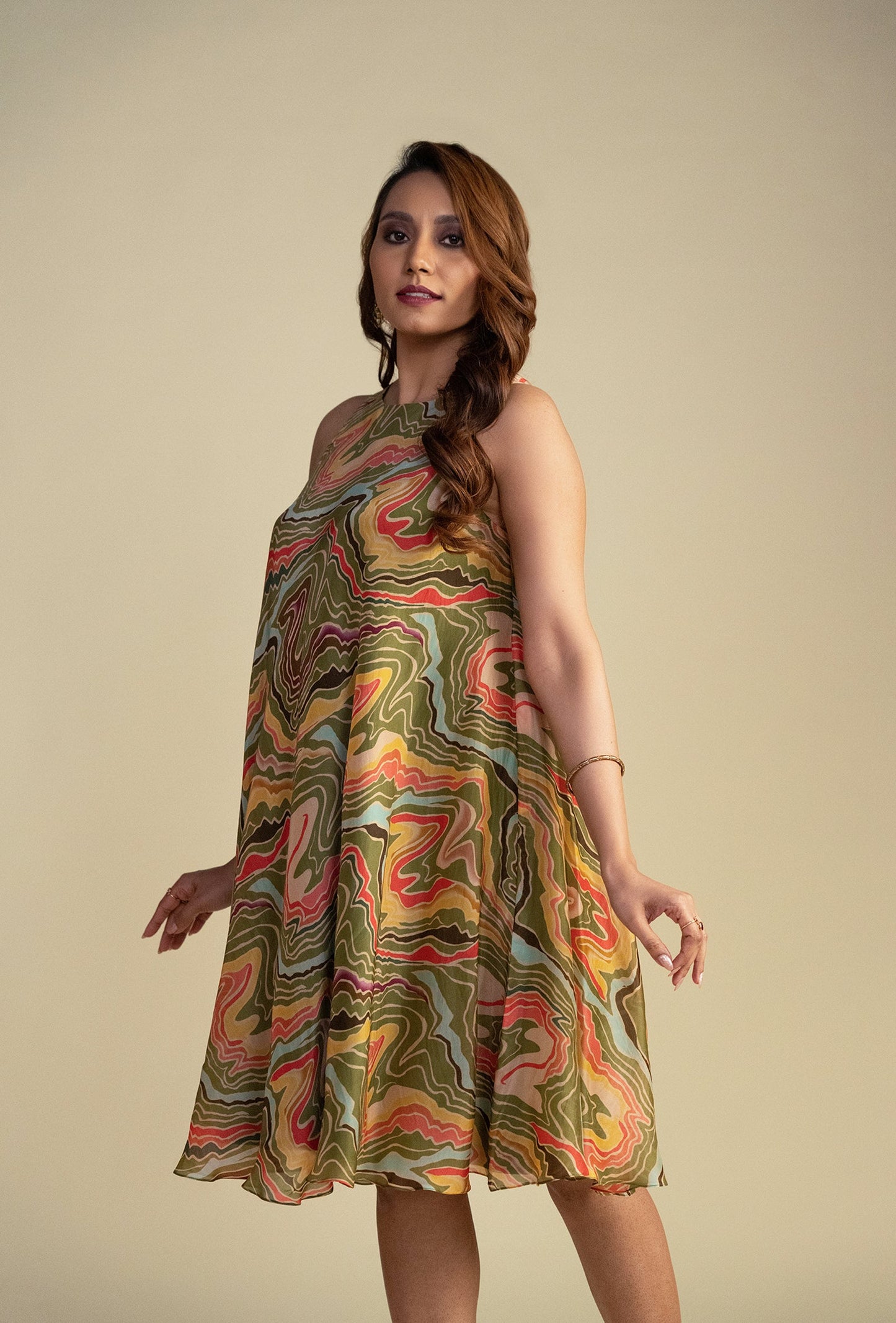 Green Multicolor A-Line Geometric Print Dress