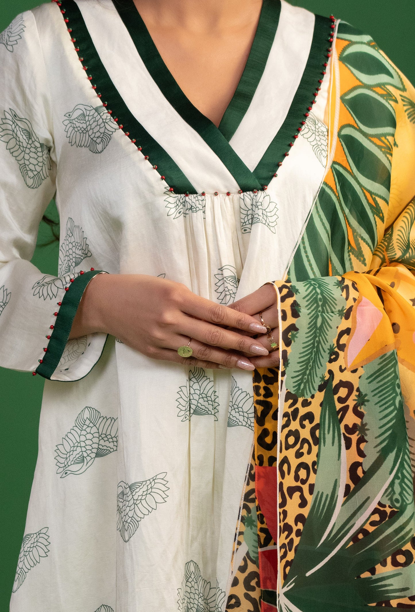 White Floral & Animal Print Kurta Set