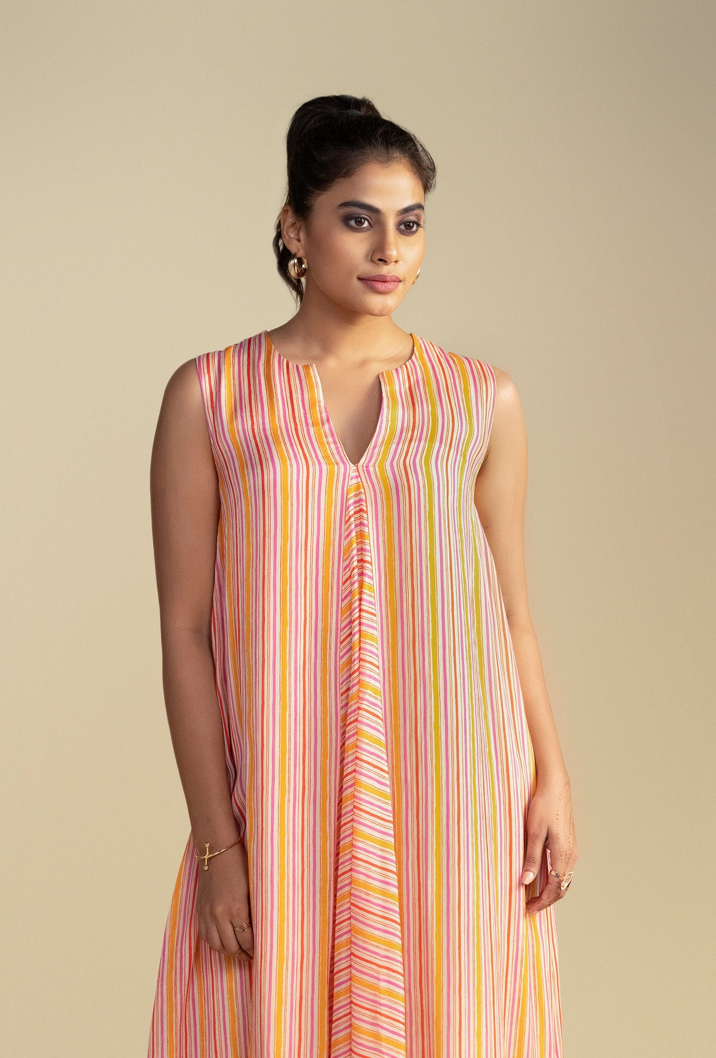 Salmon Pink Striped A-Line Dress