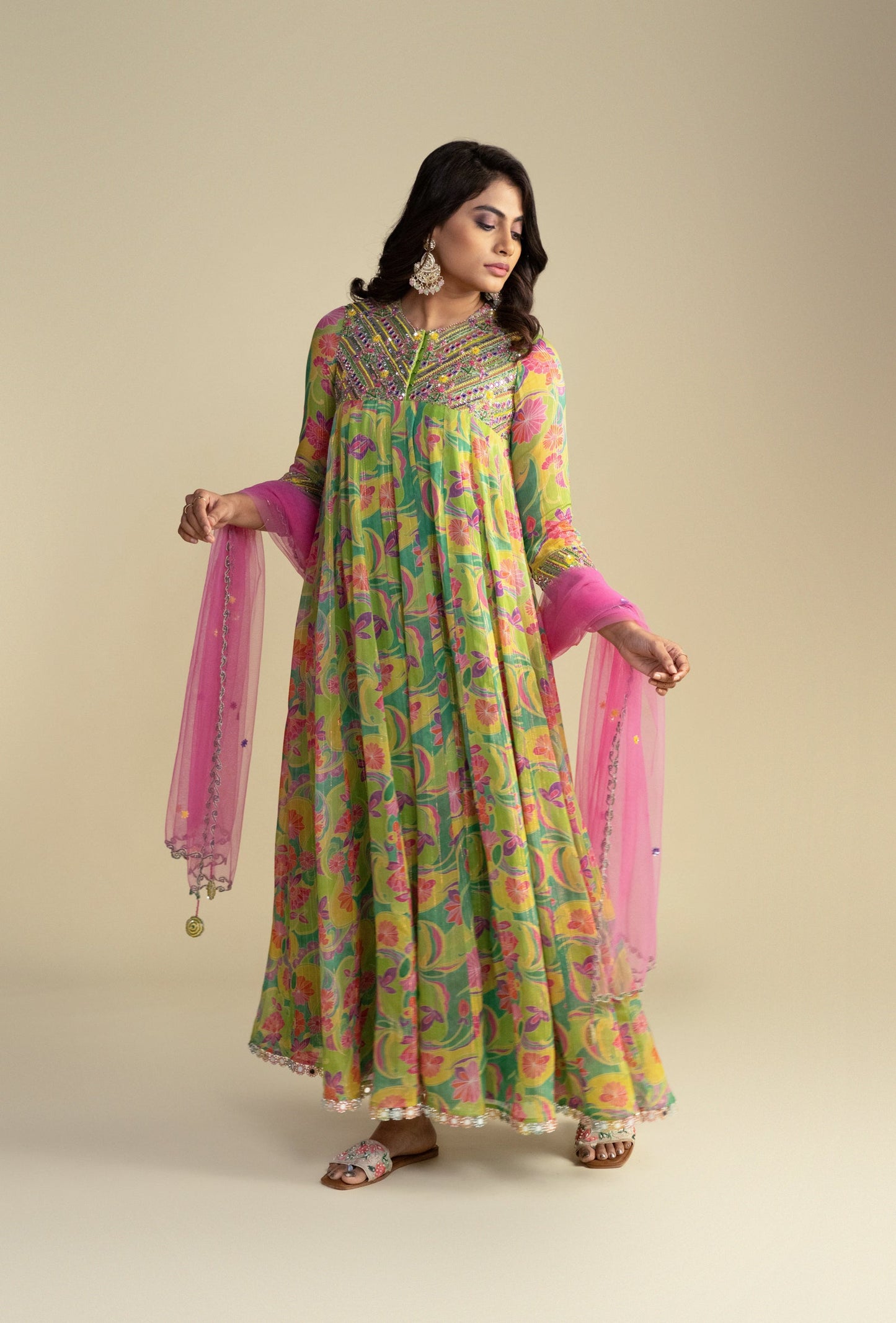 Green Floral Anarkali Set