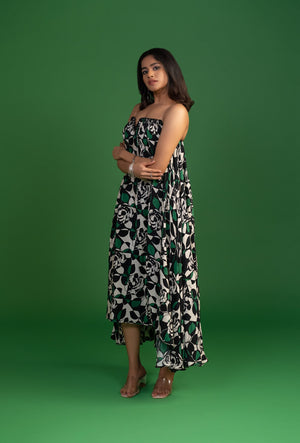 Black & Green Print Calf Length Dress