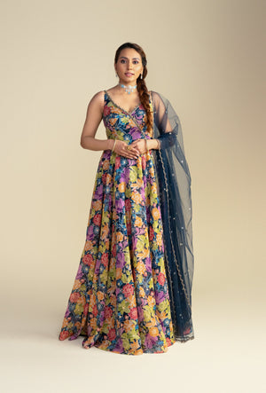 Floral Multicolor V-Neck Anarkali