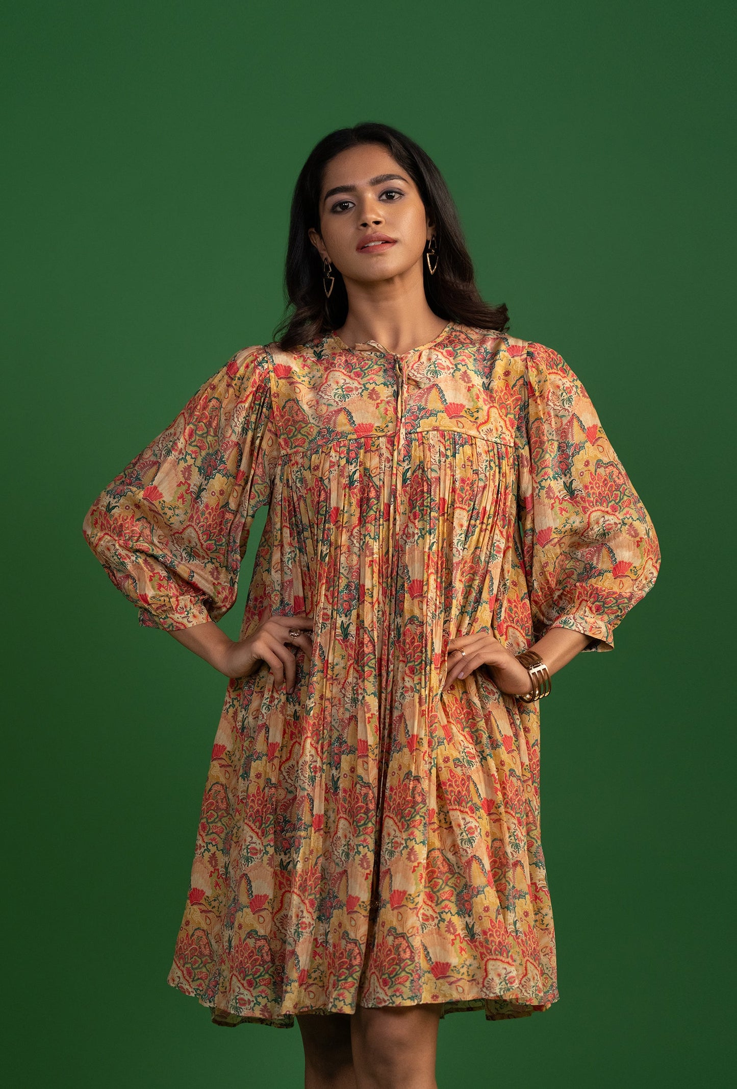 Ochre Drawstring Pleated Short Dress
