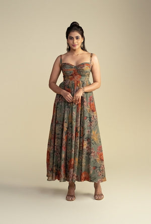 Olive Green Floral Print Short Dress