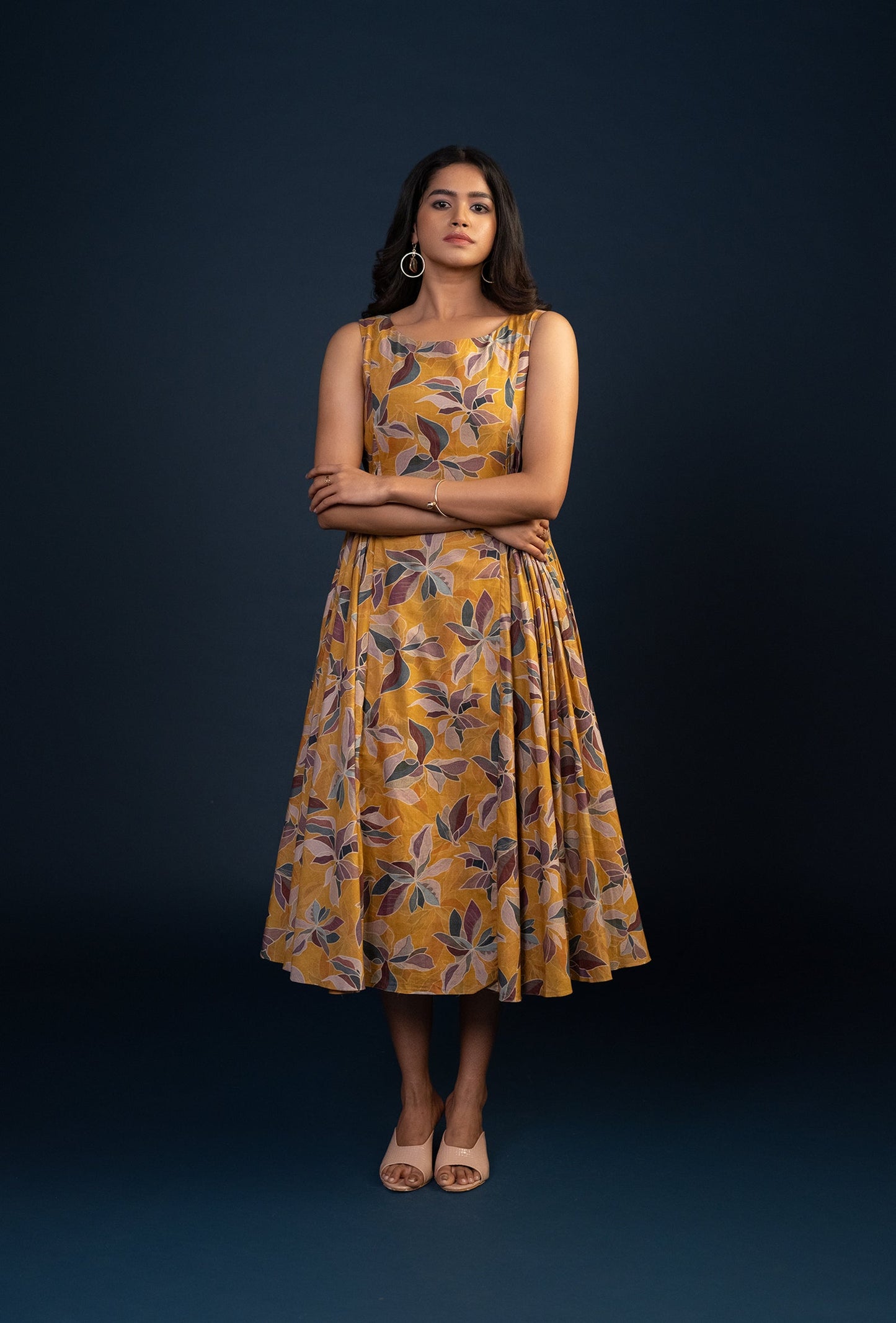 Ochre Floral Print Hip Pleated Midi Dress
