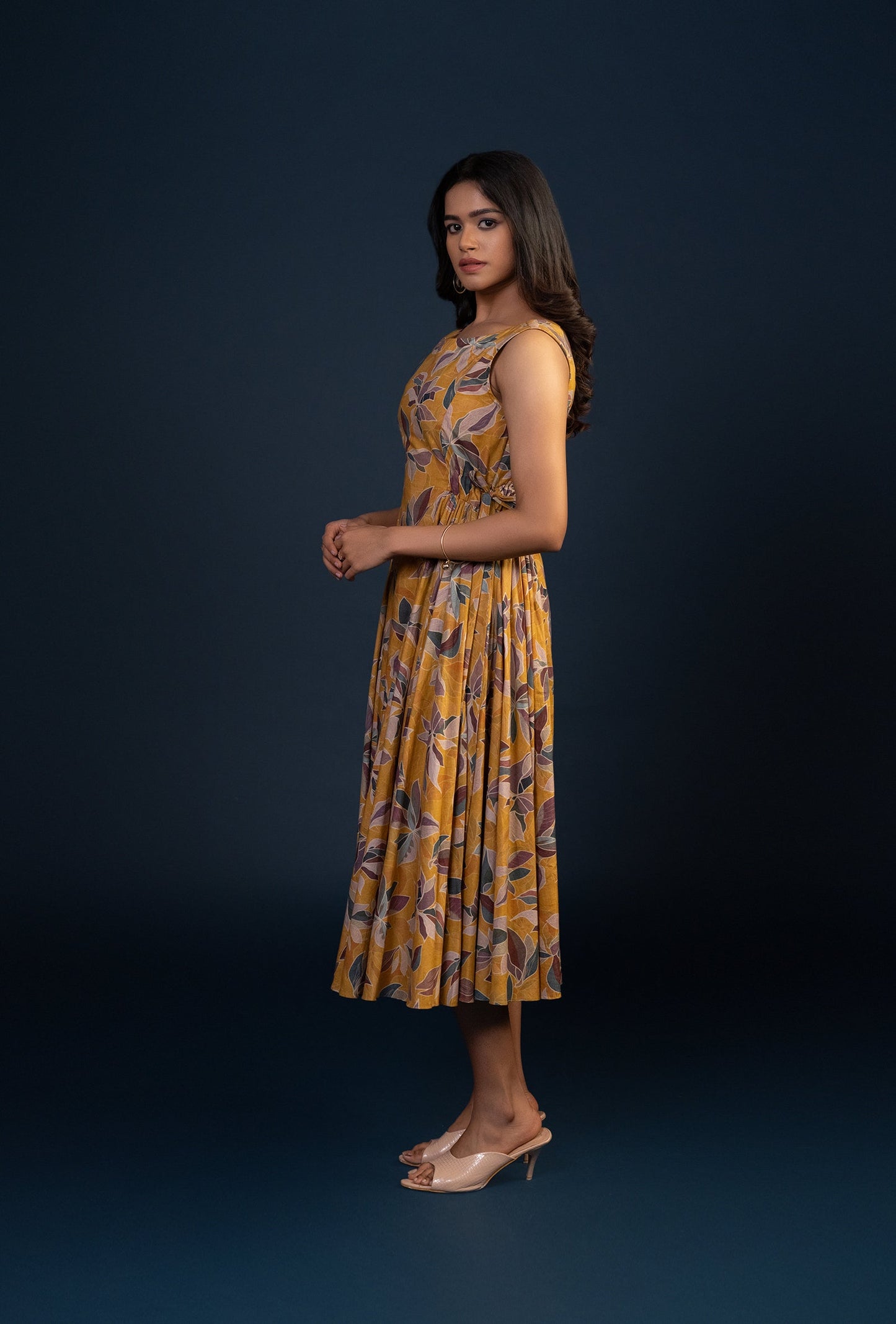 Ochre Floral Print Hip Pleated Midi Dress