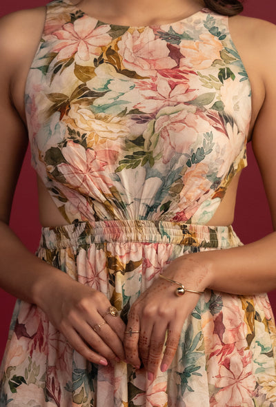 Cream Waist Slit Backless Midi Dress